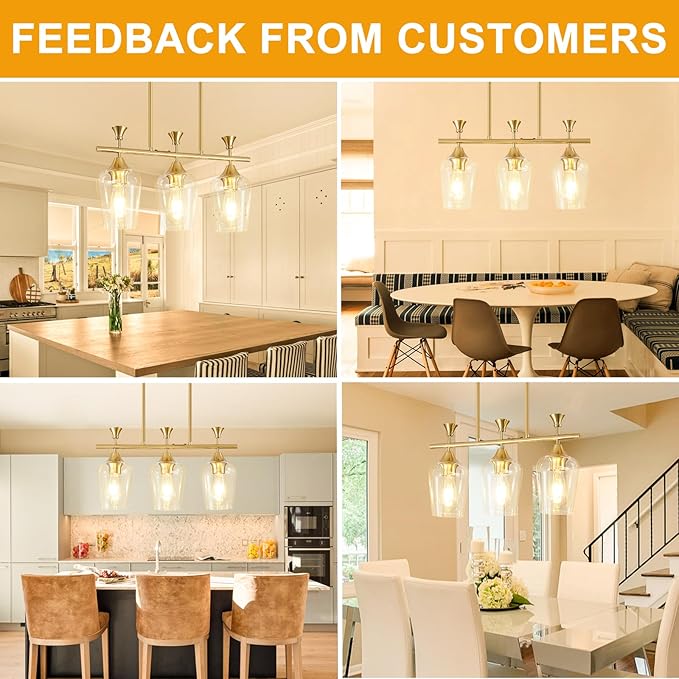21.2" Dining Room Light Fixture/Chandelier Over Table, 3-Light Brushed Gold Kitchen Island Lighting with Clear Glass Shade, Modern Hanging Pendant Lights Fixture for Kitchen Island, Dining Room, Bar