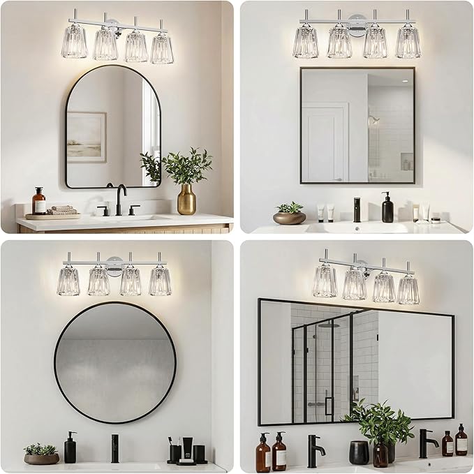 Crystal Bathroom Light Fixtures Over Mirror, Chrome 4-Light Bathroom Vanity Lights Over Mirror Modern Wall Lighting Sconces with Ceramic E26 Base (Bulbs Not Include)