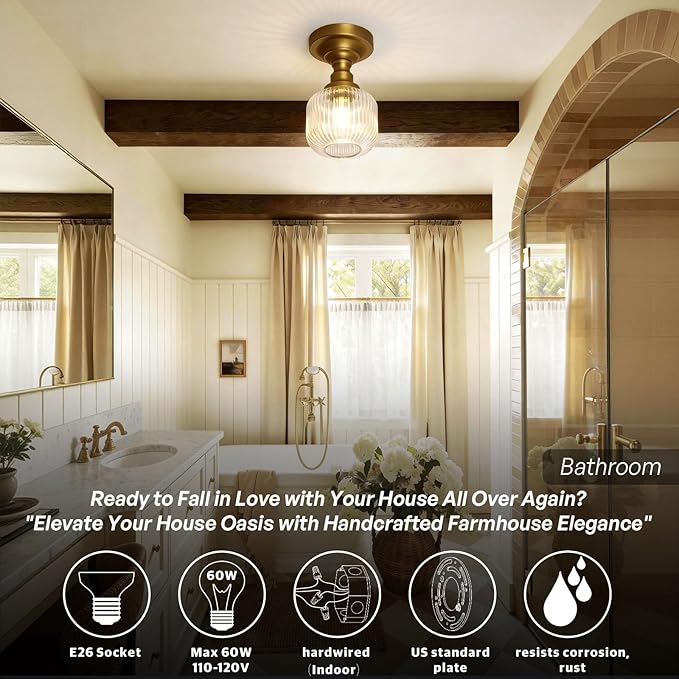 Modern Schoolhouse Semi Flush Mount Ceiling Light with Clear Ribbed Glass Lampshade, Industrial Close to Ceiling Light Fixture for Farmhouse Bedroom Entryway Stairs