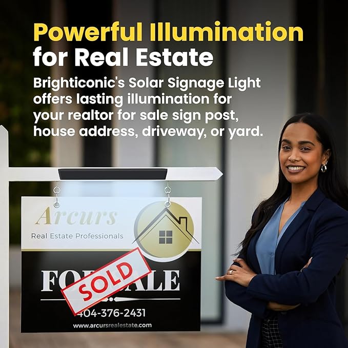 Brighticonics 2Pck Solar Address Sign Light – IP65 Waterproof Easy Install, Auto Dusk-to-Dawn On/Off – Outdoor Light for Business, Lease, Real Estate Sign Post – LED Signboard Gifts - Cold White 6000K