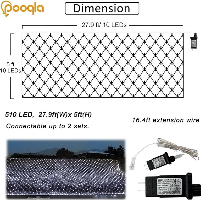 Christmas Net Lights, 510 LED Large Outdoor Net Mesh Lights for Bushes 28x5ft, 8 Modes Waterproof Twinkle String Lights Connectable for Christmas Hedge Yard Garden Party Decor, Cool White
