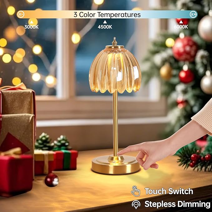 Shenmoyl Set of 2 Tulip Table Lamp with 5000mAh Battery & Touch Control, Cordless Table Lamp with 3 Colors, Dimmable Rechargeable Table Lamps for Bedroom, Living Room, Entryways (Amber Tulip)
