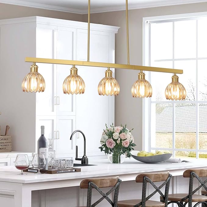 Modern Flower Dining Room Light Fixture, Gold Chandelier for Entryway, 5-Light Kitchen Island Lighting Hanging Pendant Light Fixtures, Glass Chandelier Flower Lamp for Foyer Bedroom Living Room（Amber）