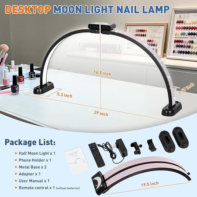 KIRKAS 29in Half Moon Light for Nail Desk with Phone Holder, Half Moon Lamp Adjustable Color Brightness, Arch Nail Tech Light with Display Screen for Manicure, Craft, Esthetician (Diamond,Black Large)