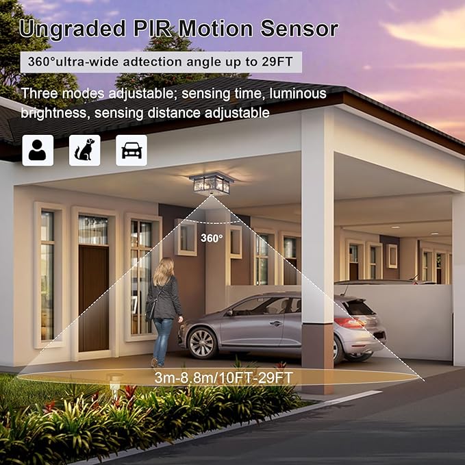 Motion Sensor Outdoor Flush Mount Ceiling Light, Industrial Glass Rustic Wood-Like Finish 2-Light Ceiling Lamp for Porch, Entryway, Garage, Timer and Sensitivity Adjustable (Black-Square)