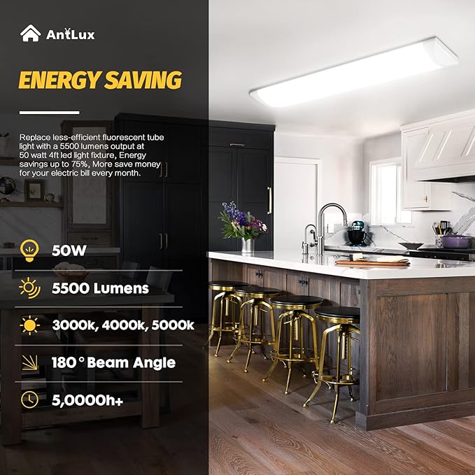 ANTLUX 4FT LED Wraparound Puff Lights, 50W/5500LM, 3 Color Temperature Dimmable LED Wrap Light, 4 Foot Led Flush Mount Ceiling Lights, 48 Inch Lighting Fixtures for Kitchen Laundry Office, 2 Pack