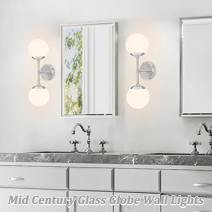 KoKo&Yukina Nickel 2 Pack Vanity Light Fixtures Mid Century Modern Bathroom Vanity Light Globe Sconce with Milky White Glass for Bathroom Bedroom