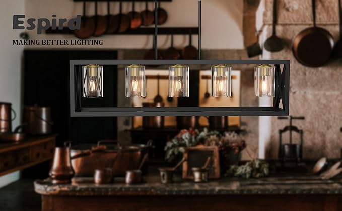 Espird Black Gold Dining Room Light Fixture - 5 Light Chandeliers for Dining Room with Clear Glass Shade & Adjustable Height & Thickened Metal Rectangle Dining Table Light Fixture