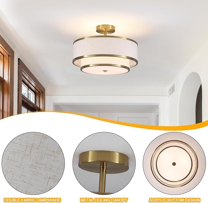 Semi Flush Mount Ceiling Light, 3-Light Double Drum Ceiling Light Fixture with Fabric Shade, Farmhouse Chandelier Dining Room Light Fixture for Bedroom, Kitchen, Hallway (Gold)