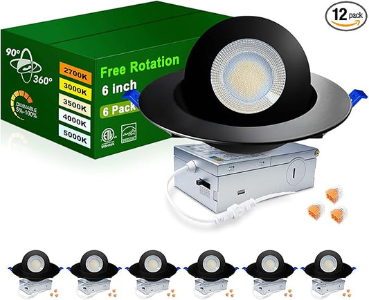 zouzai 6 inch 5CCT Gimbal Black Led Recessed Lights, 360°+90° Adjustable Directional Recessed Lighting, 2700K-5000K Dimmable Retrofit Eyeball Can Lights with Jbox, ETL&Energy Star(Black,6 Pack)