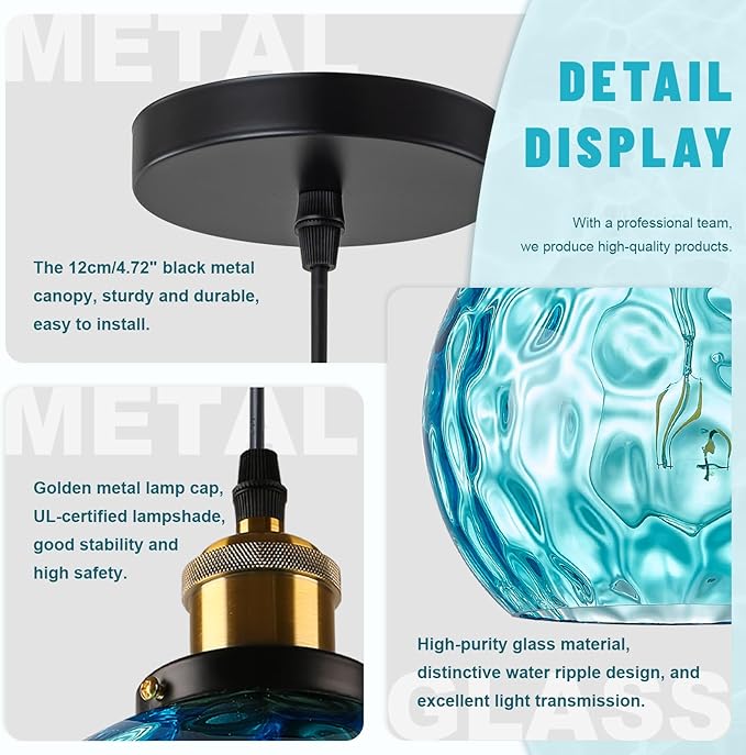 Blue Pendant Light Coastal Pendant Lighting Nautical Pendant Light with 7.8" Hammered Glass Globe 1-Light Chandelier Hanging Light Fixtures Ceiling Mount for Kitchen Island Bedroom Dining Room