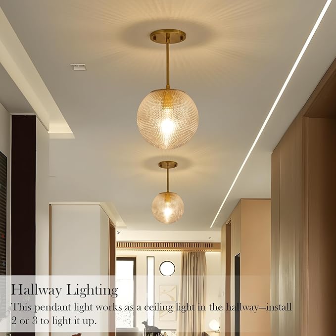 Glass Globe Pendant Light Fixtures, Mid Century Modern Ceiling Hanging Lights with Height Adjustable, Brass Gold Pendant Lighting for Kitchen Island, Hallway, Dining Room, Living Room (2 Pack)