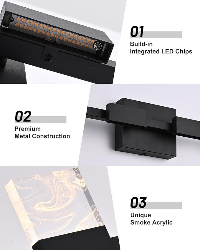 LED 3000K Black Bathroom Light Fixture, Modern 3-Lights Vanity Lighting with Smoke Acrylic Shades, Wall Lamp Over Mirror for Kitchen Bedroom (Integrated Led Chips Included)