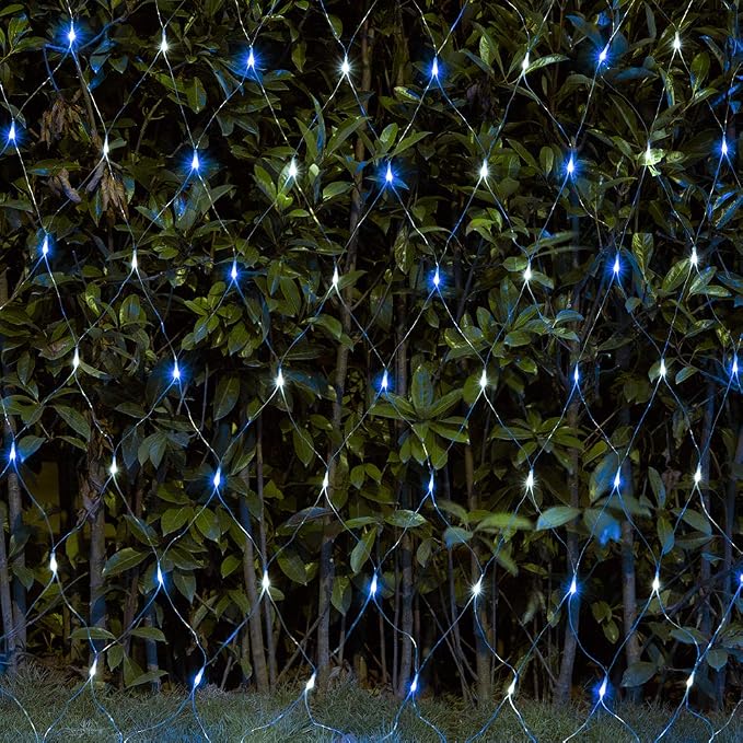woohaha Outdoor Christmas Net Lights, 9.8FTx6.6FT 192 LED Plug-in Mesh Lights with 8 Lighting Modes, Connectable Light for Bush Christmas Garden Tree Holiday Wedding Party Decor, White+Blue