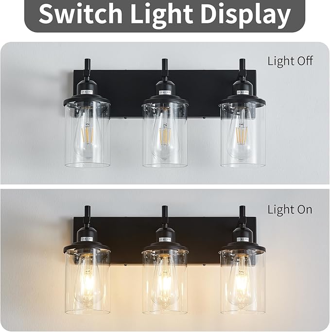Lanhall 3-Light Black Bathroom Light Fixture Over Mirror Modern Farmhouse Bathroom Vanity Light Vintage Wall Lighting with Clear Glass Shade for Bathroom, Bedroom, Hallway, Cabinet
