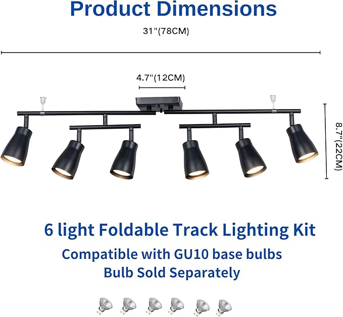 6 Light Modern Industrial Track Lighting Fixtures with Matte Black, Swivel Rotating Bar Ceiling Spotlight Adjustable Head,Dimmable GU10 Socket for Studios Hallyway Bar Bedroom Living Room