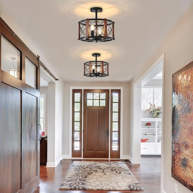 4-Light Farmhouse Wood Semi Flush Mount Ceiling Light, Black Hallway Light Fixtures, Rustic Industrial Close to Ceiling Light Fixtures for Kitchen Entryway Laundry Dining Room Ceiling Light Fixture
