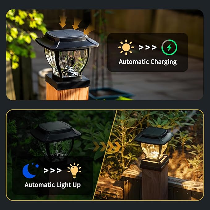Solar Post Cap Lights Outdoor, Glass Deck Fence Post Cap Light Solar Powered for 4x4 Vinyl/Wooden Posts, Solar Lamp Post Light with 2 Lighting Modes for Patio Garden, Bright Warm White (2 Pack)