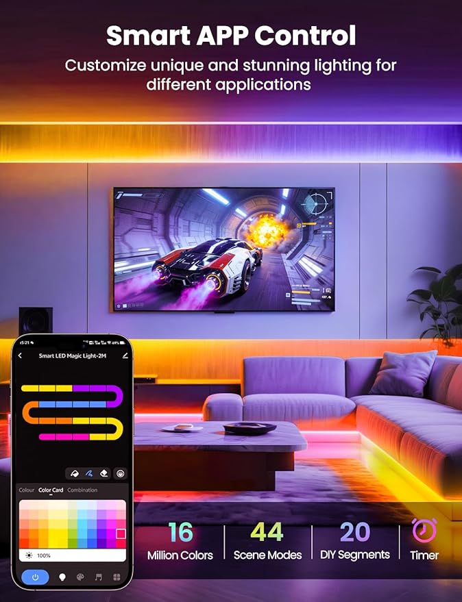 RGB+IC LED Strip Light, 32.8ft Smart LED Light for Bedroom, Bluetooth APP Control, Color Changing LED Strip Lighting, 44 Scene Modes, Music Sync, TV Backlight Behind Strip, Home Decor, Gaming Room