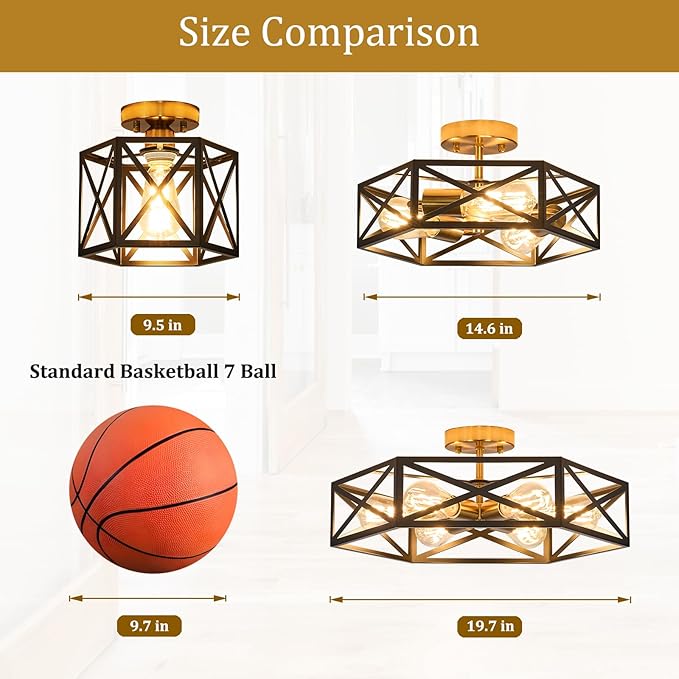 Modern Farmhouse Black and Gold Ceiling Light,Industrial Semi Flush Mount Ceiling Lighting Fixture,Hexagonal Hallway Lighting Fixtures for Kitchen,Bedroom,Foyer,Entryway,Laundry Room,1-Light
