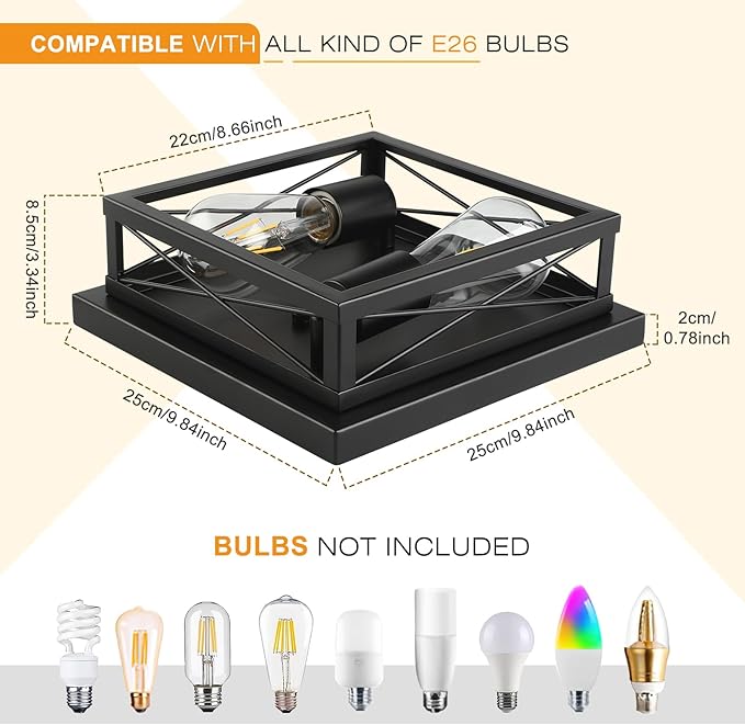 Black Flush Mount 2-Light Industrial Vintage Metal-Framed Ceiling Light for Hallway, Foyer, Kitchen, Bedroom, Living Room, Laundry (E26 Base)