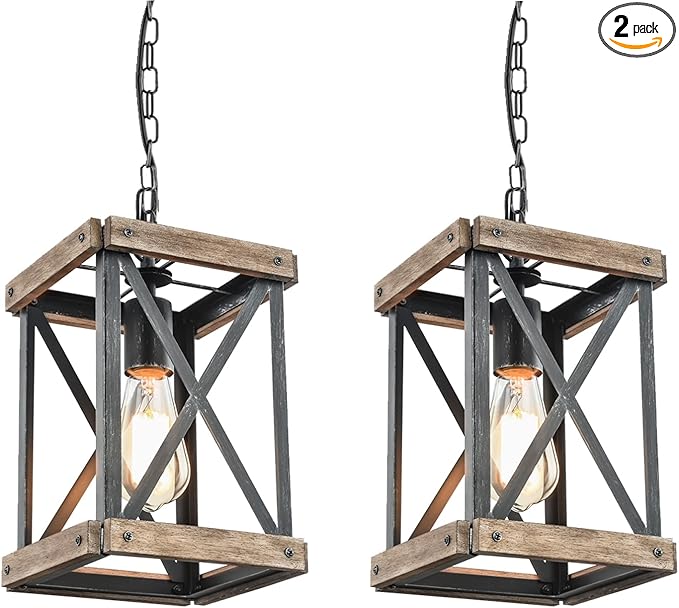 Farmhouse Pendant Light, Adjustable Metal and Wood Chandelier Light Fixture, Rustic Pendant Lighting for Kitchen Island, Bedroom, Dining Room and Entryway (Brown), 2 Pack