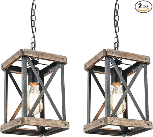 Farmhouse Pendant Light, Adjustable Metal and Wood Chandelier Light Fixture, Rustic Pendant Lighting for Kitchen Island, Bedroom, Dining Room and Entryway (Brown), 2 Pack