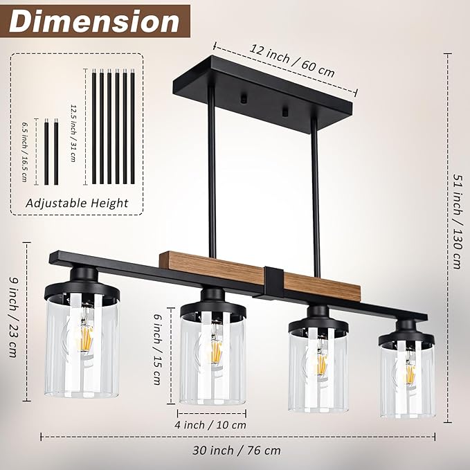 Dining Room Light Fixture Over Table, Farmhouse 4-Light Kitchen Island Lighting, Modern Wood Chandelier with Adjustable Height, Large Industrial Black Pendant Lights Ceiling Hanging for Living Room