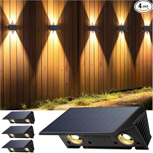 Fence Lights Solar Powered, 4-Pack Solar Fence Lights Up/Down Flexible Buttons, IP67 Waterproof for Outdoor, 100LM Bright, Auto Dusk to Dawn for Wall/Stairs/Yard/Railing/Deck/Pathway (Warm White)