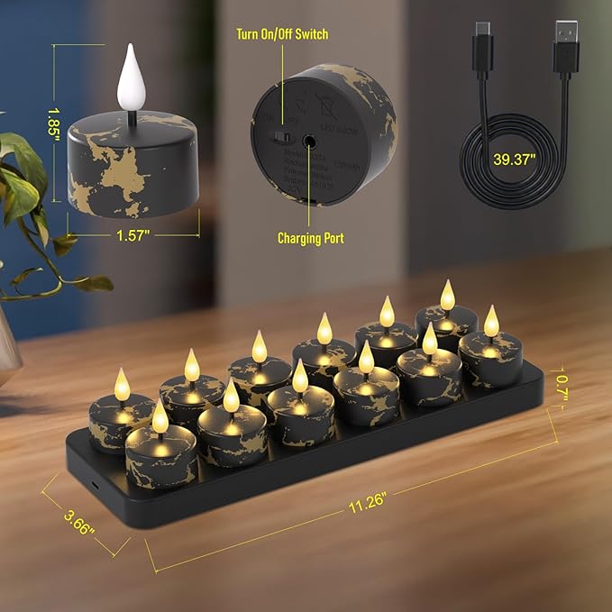 Flameless Tea Lights Candles with Charging Station,Black Marble Pattern,LED Tea Lights Candles with Remote Control Timer for Valentine's Day,Centerpiece Table Decorations,Anniversary,Home Decor,12Pack