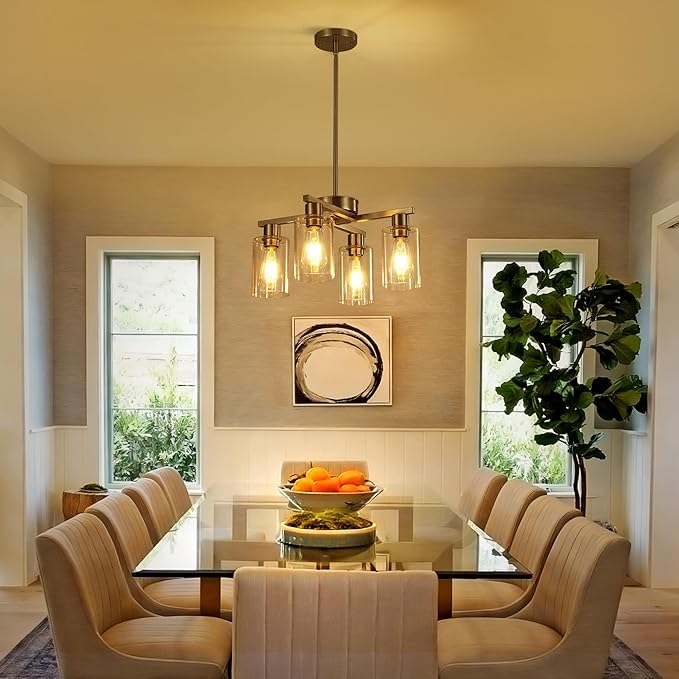 4-Light Brushed Nickel Dining Room Light Fixture, Modern Industrial Kitchen Chandelier Over Table, Adjustable Height Hanging Pendant Light for Kitchen Island, Entryway with Clear Glass Shade