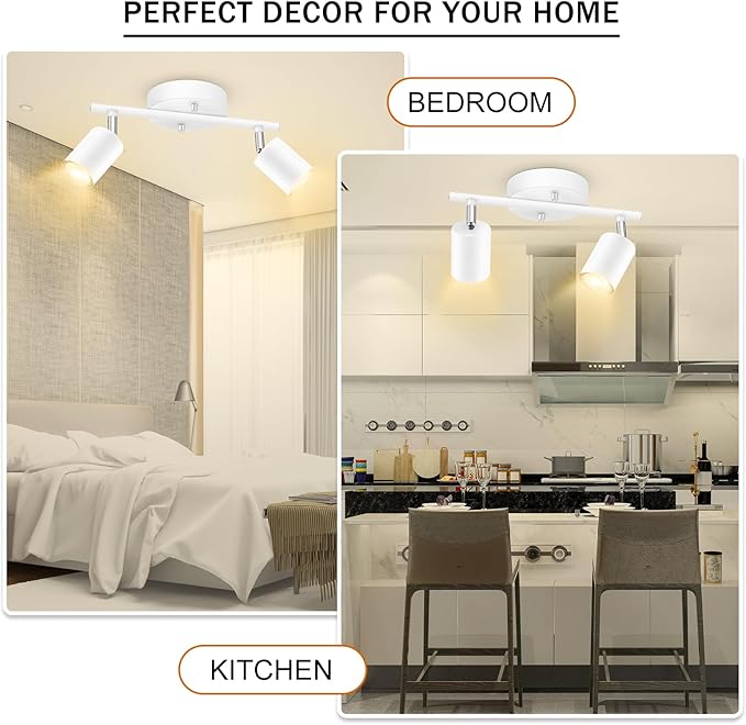 BoostArea LED 2 Light Track Lighting Kit, White 2 Way Ceiling Spot Lighting, Flexibly Rotatable Light Head for Kitchen, Living Room, Bedroom, GU10 Bulb Not Included