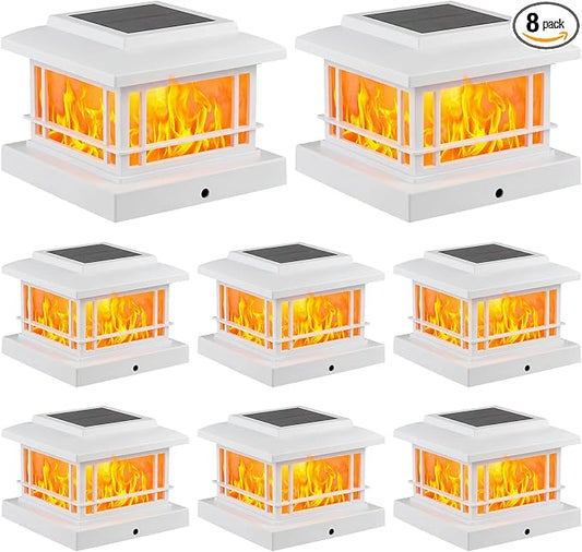 JOFIOS Flickering Flame Solar Post Cap Lights Outdoor, White Post Lights with 3 Color Temperature, Fits 3.5" 4" 4.5" 5" Wood/Vinyl Posts, IP64 Waterproof Fence Deck Lights for Garden Patio Yard 8 Pack