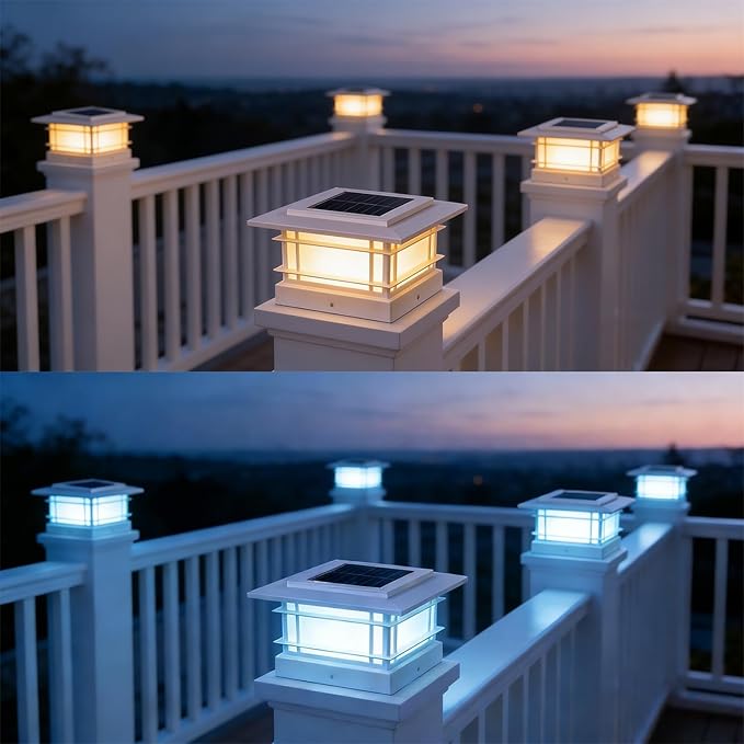 Dynaming 4x4 Solar Post Cap Lights Outdoor with 2 Color Mode, 6 Pack Fence Post Solar Lights White Shell Fit for 4x4 Vinyl/Wooden Posts, High Brightness LED Lighting Decor for Garden Deck Patio