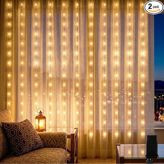 Vigdur Led Curtain String Lights, 2 Packs 8FT Window Fairy Lights for Bedroom with 210 Warm LEDs, Hanging Twinkle Indoor String Light for Party Wedding Garden Wall Decor(8 * 7ft)