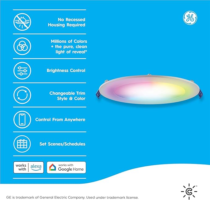Cync GE Reveal Wafer Smart LED Downlight, Color Changing Lights, Matter Compatible, Compatible with Alexa and Google Home, No Recessed Housing Required, 6 Inches, 75W, 1000 Lumens, (3 Pack)