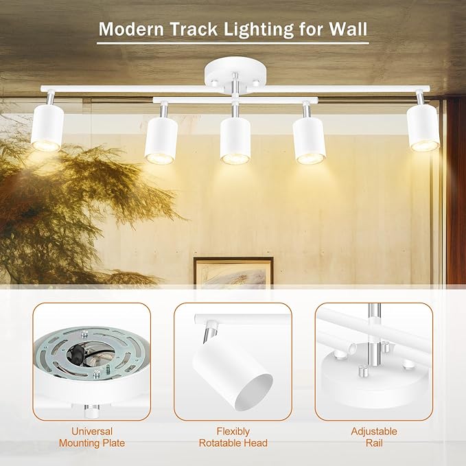 Track Lighting Fixtures Ceiling, LED Track Lighting, White Kitchen Lights for Bedroom, 28.4" Ceiling Spot Light Kit, 5 Light Wall Light with Rotatable Heads, Living Room Decor(GU10 Socket, NO Bulb)