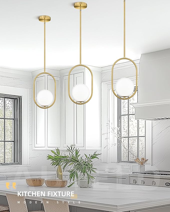 AUTELO Gold Pendant Lights, 1-Light Pendant Lights Kitchen Island in Brushed Gold Finish with Milky White Globe Glass, Mid Century Pendant Light Fixtures, Gold Hanging Lights for Kitchen H9376 MGBG