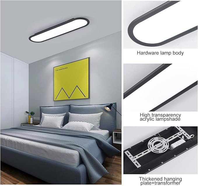 Ganeed Modern Linear Ceiling Lights, 36W LED High Brightness Long Ceiling Lamp, 27.6 Inch Ultra Thin Low Profile Light Fixture for Bedroom Kitchen Closet Hallway, Black/Cool White 6000K