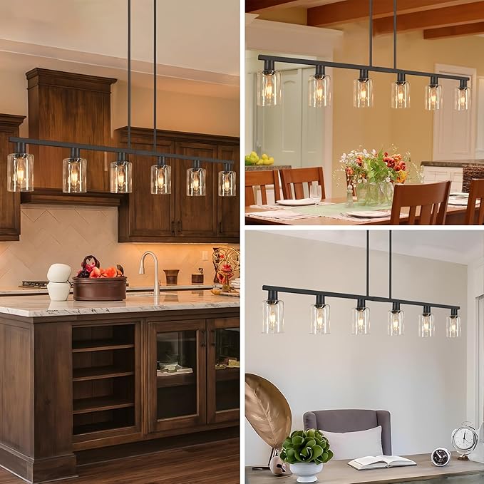 Dining Room Light Fixture Over Table, Black 6-Light Kitchen Island Lighting with Glass Shade & Adjustable Rods, Farmhouse Linear Chandelier Pendant Light for Kitchen Living Room Breakfast Corner