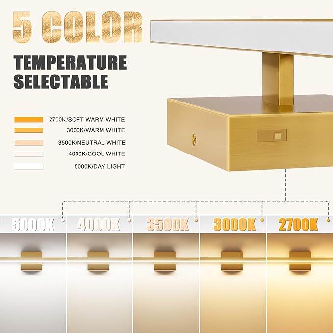 VOLISUN Modern Bathroom Vanity Light 24 inch, 14W Dimmable 5CCT Led Bathroom Light Fixture Over Mirror, Brass Bar Vanity Light for Bathrooms Mirror Cabinets Bedroom-ETL Certificated