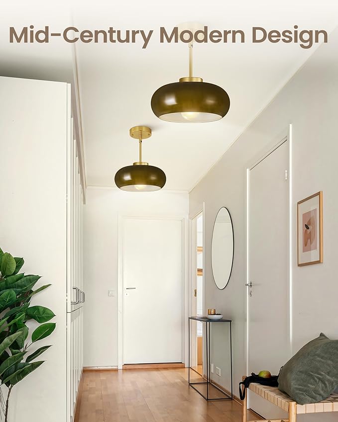 Yunnix Semi Flush Mount Ceiling Light, Gold Light Fixture, Mid-Century Modern Farmhouse Green Glass Small Light Fixtures for Hallway, Bathroom, Kitchen, Bedroom, Living Room, Closet, Laundry