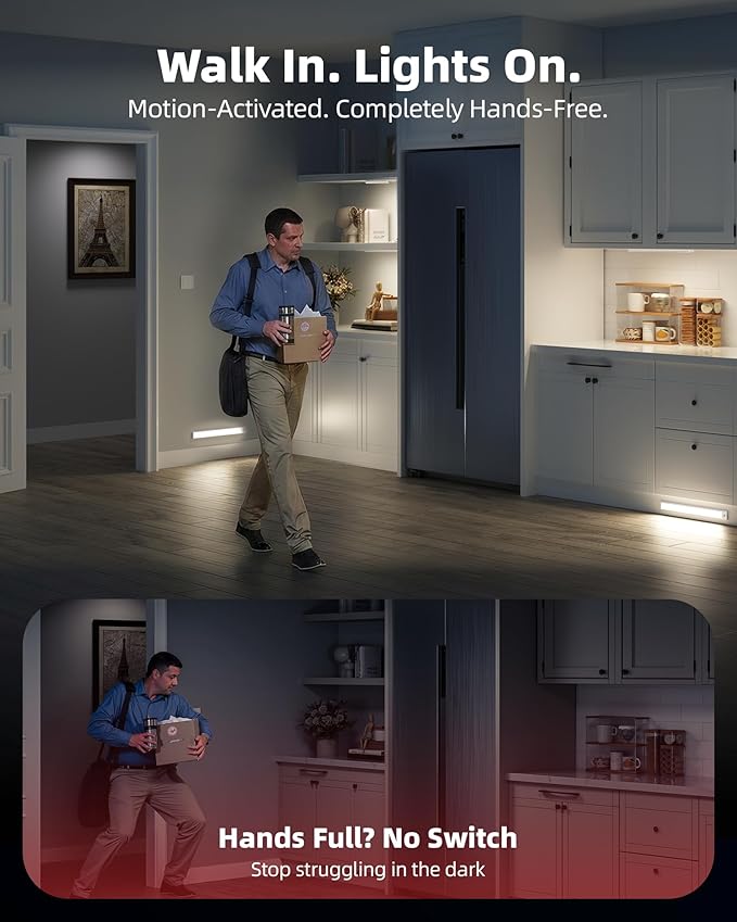 Under Cabinet Lighting Wireless, Rechargeable Battery Motion Sensor Light Indoor, LED Closet Lights USB Charging, 3 Color Dimmable Under Cabinet Lights for Kitchen, Cabinet, Wardrobe (3 Pcs) 16inch