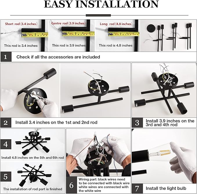 ASGYISA Semi Flush Mount Modern Ceiling Light Fixture， 6 Lights Black Vintage Matte Sputnik Chandelier Ceiling Lamp with E26 Bulb Base for Farmhouse Dining Room Living Room Bedroom Study Kitchen