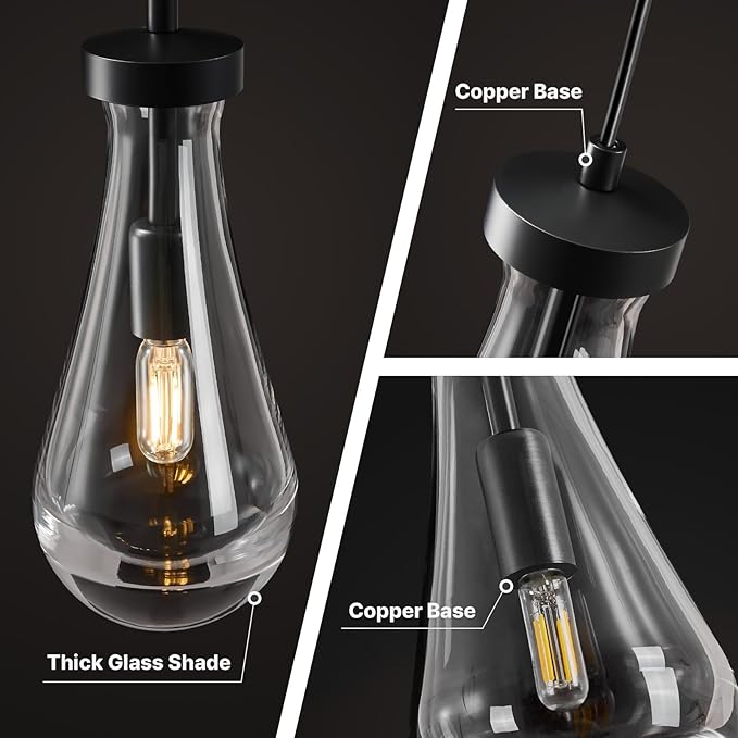 Raindrop Pendant Lights Kitchen Island: Modern Black Teardrop Hanging Light for Bathroom - 2 Lights Crystal Pendants Light over Dining Table - Brass matte lamps Fixture for Bedroom Bulbs Included