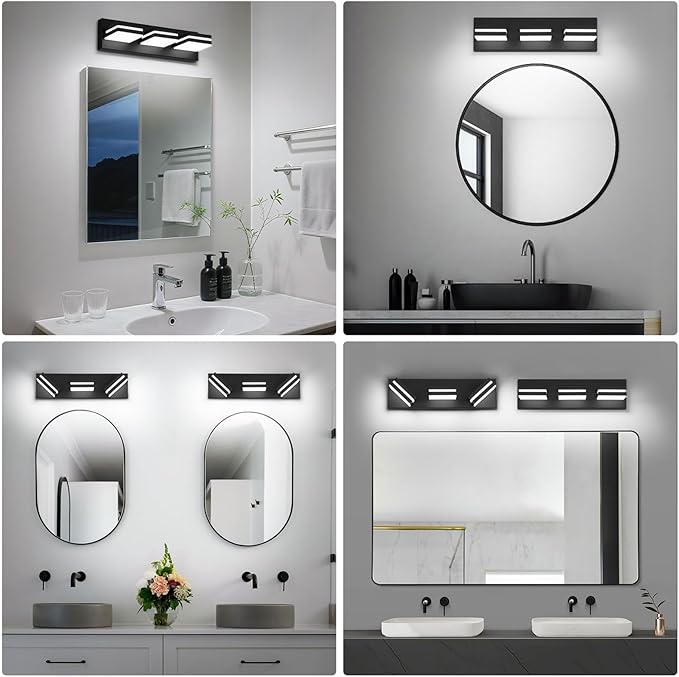 Modern LED Small Bathroom Lights Fixtures 3-Light,Metal Black Acrylic Wall Lighting,Vanity Lights for Bathroom Over Mirror 6000K 16in