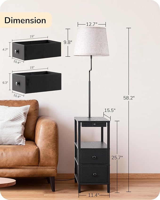 EDISHINE Floor Lamp with Table, USB-A+Type-C Port, Dimmable Bedside Floor Lamp with Shelves, Farmhouse Remote Nightstand Light for Living Room, Bedroom, Den, Office, Kids Room, Bulb Included, Black