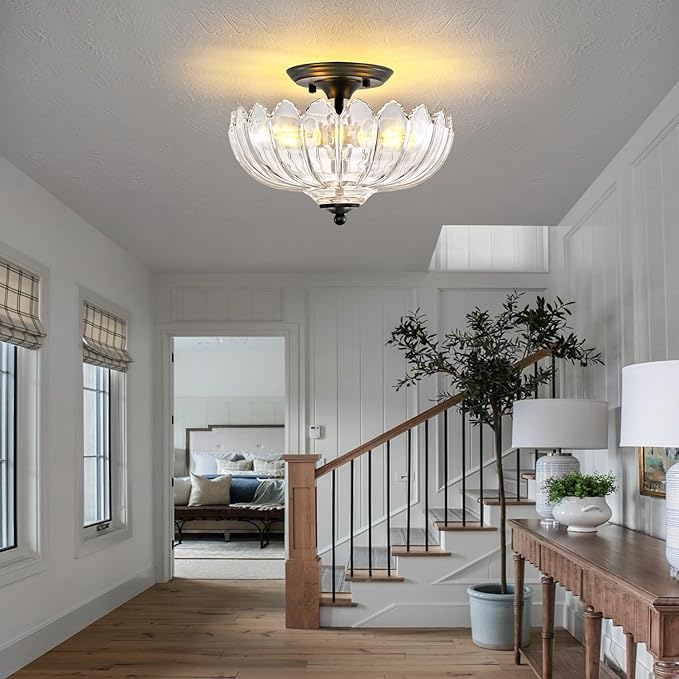 Clear Glass Ceiling Light Fixture - Handmade Art Glass Semi Flush Mount Lighting with 3 E26 Bases, Crystal-Like Transparency for Bedroom Kitchen Hallway, Modern Vintage Home Decor