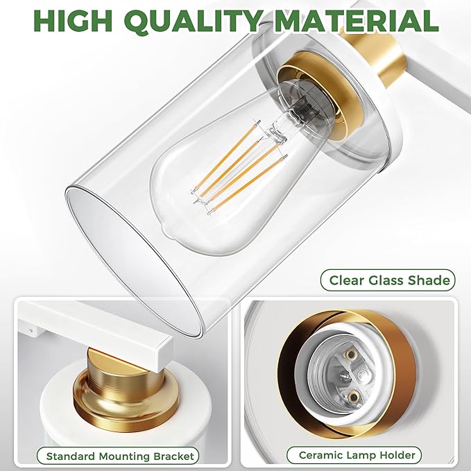 DORESshop 17 Inch Bathroom Light Fixtures, 3-Light White and Gold Bathroom Lighting Fixtures Over Mirror with Clear Glass Shade, Vanity Lights for Living Room Bedroom