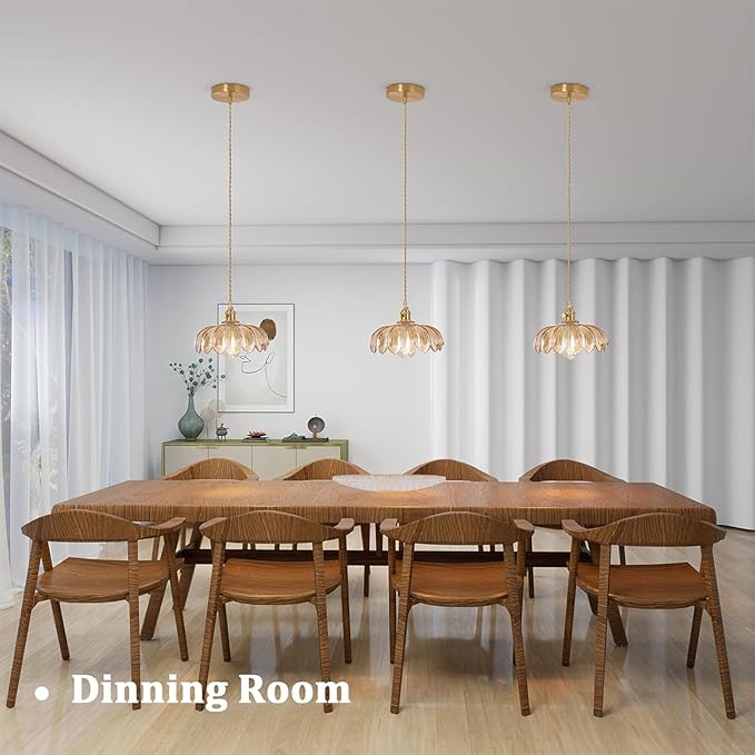 Shenmoyl Pendant Light with Amber Scindapsus Glass Lmapshade, Brass Vintage Pendant Light Adjustable Hanging Light for Kitchen Island Dining Room Hallway